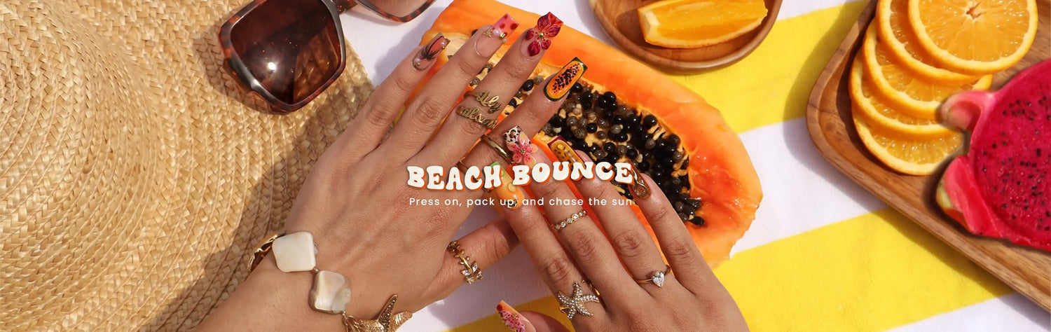 a model wears tropical summer press on nails made by 3dbeauty